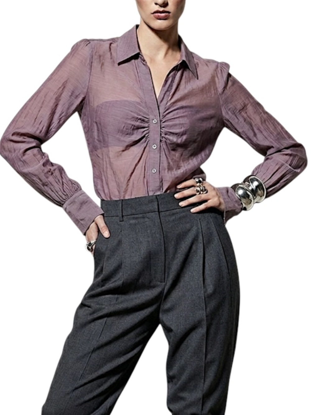 In Wear Copenhagen minimalist old money ruched front gauzy sheer purple blouse